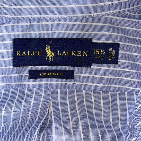 Ralph Lauren Custom Fit Blue White Striped Oxford Shirt Men's 15 1/2 32/33 - Picture 8 of 13